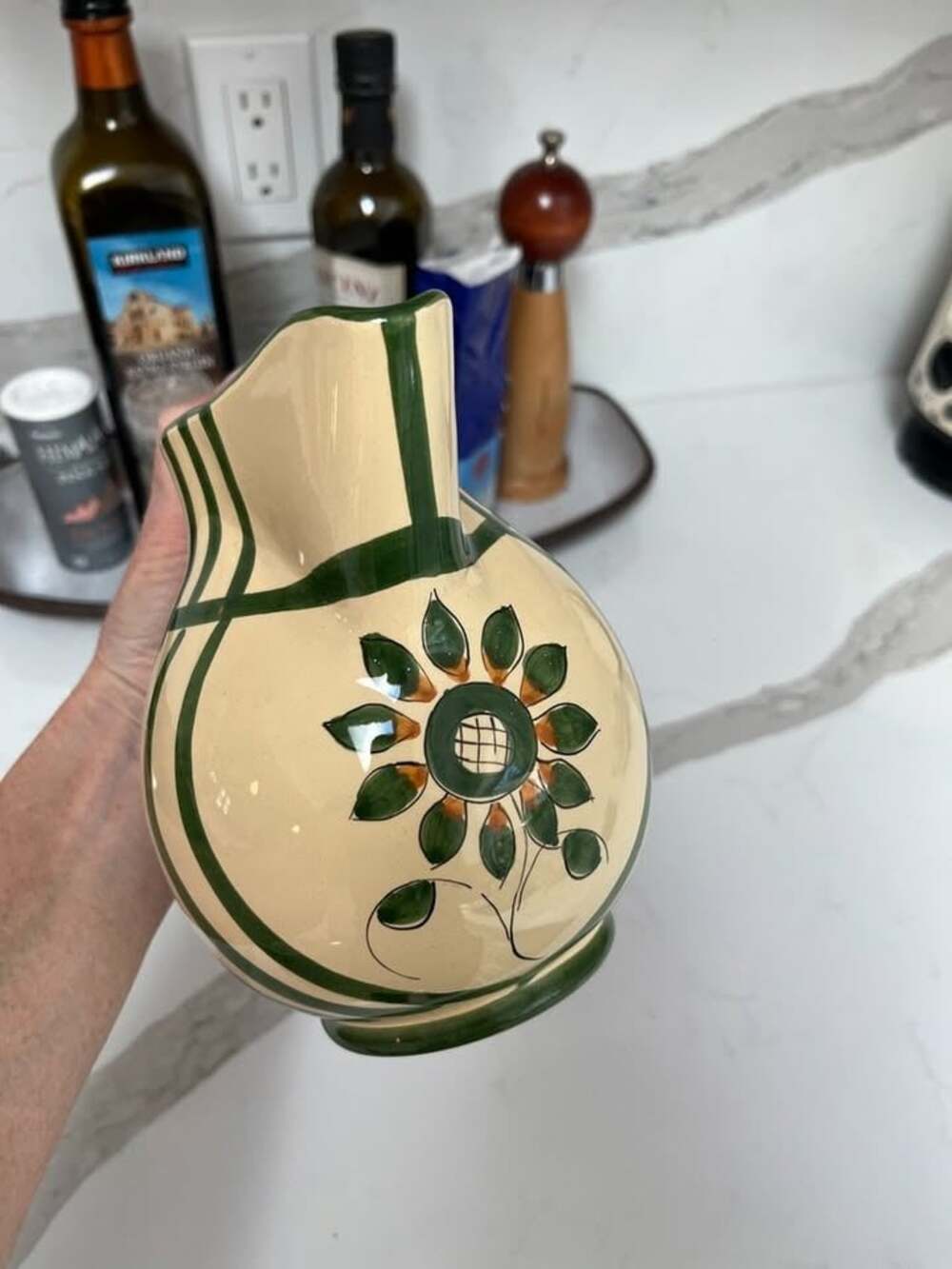 Beautiful Hand Painted Pitcher with Green Stripes and Flower